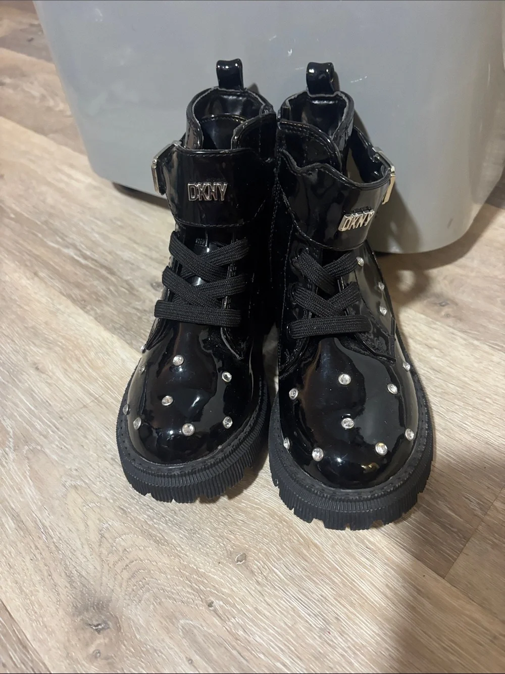 DKNY Girls Ava Dila Moto Black Patent Studded Combat Boots